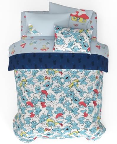 The Smurfs Kids Bedding Super Soft & Cozy Reverisble Microfiber Comforter and Sheet Set with Sham, 7 Piece Full Size, (Officially Licensed Product) By Franco by Franco