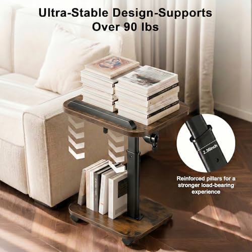 C Table End Table Adjustable Height, Rolling TV Tray Table for Small Spaces 180° Flip-Over Panel & 360° Swivel Casters,C Shaped Side Tables for Couch/Living Room/Bedroom/Bed/Sofa/Chair/Snack, Walnut - Image 5