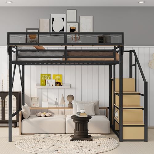 KEIKI Queen Size Metal Loft Bed Frame with Convertible Staircase, Built-in Storage Shelves and Wardrobe, Loft Bed with Solid Slats, Guardrail, No Box Spring Required, Easy Assembly, for Bedroom, Black - Image 3