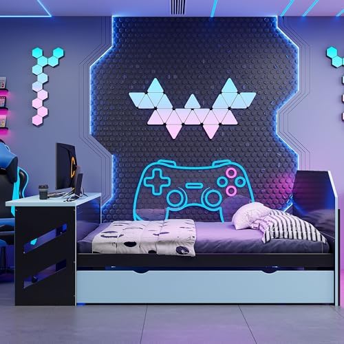 Bellemave Full Size Gaming Bed with Desk and USB,Full Bed with Trundle,Wood Platform Bed with Trundle for Girls Boys,Cloud Blue - Image 3