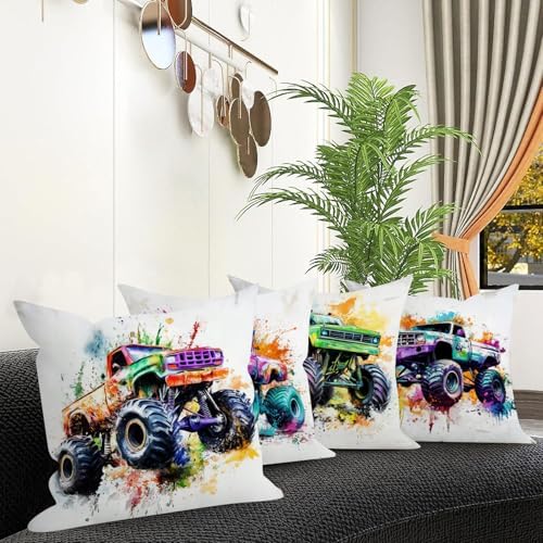 Toddler Freestyle Monster Truck Throw Pillow Cover 20x20 Set of 4, Off-Road Trucks Pillowcase for Sofa Living Room Bedroom Modern Soft Cushion Case Garden Outdoor Patio Furniture Home Decorations - Image 2