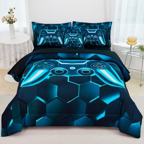 URBONUR 6 Pieces Gamer Comforter Set for Teen Boys Queen Size Blue Teal by URBONUR