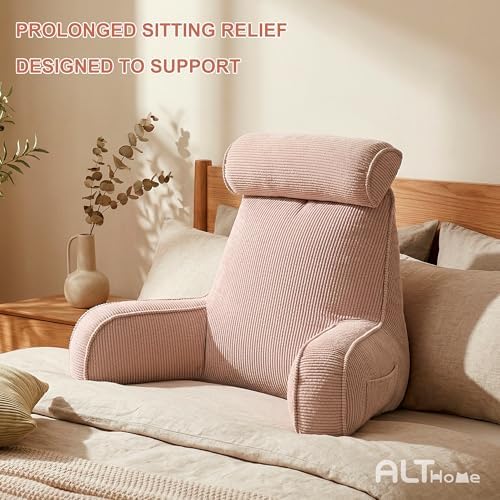 Reading Pillow for Sitting Up in Bed, Bed Rest Backrest Pillow with Arms, Corduroy Back Support Cushion with Side Pockets & Washable Cover, Comfort Support Pillow for Women & Moms, Pink - Image 2