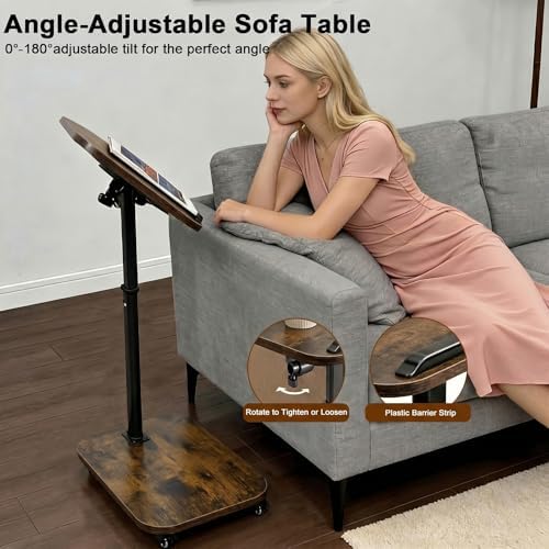 C Table End Table Adjustable Height, Rolling TV Tray Table for Small Spaces 180° Flip-Over Panel & 360° Swivel Casters,C Shaped Side Tables for Couch/Living Room/Bedroom/Bed/Sofa/Chair/Snack, Walnut - Image 6