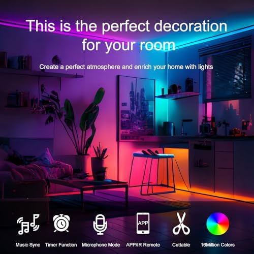 HBOWMDJIA Led Lights for Bedroom 200 FT (2 Rolls 100 FT), with Remote and Application Control RGB Color Changing LED Strip Lights, Music Synchronization, Used for Room, Family, Party Decoration - Image 2