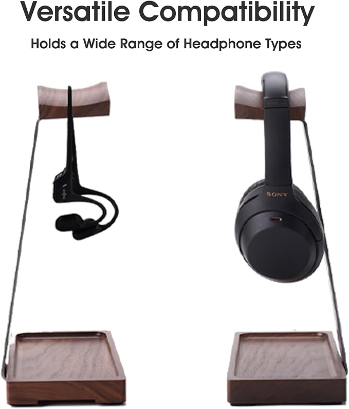 Walnut Headphone Stand, Wood Headset Holder for Desk with Storage | Wooden Gaming Headphone Holder for AirPods Max, Bose, Sennheiser, Razer/Jabra/JBL/AKG , Storage Tray, Vintage Gift for Men - Image 2