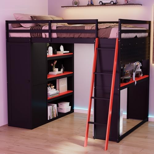 Merax Full Size Loft Bed with Desk and 6 Storage Shelves, Wardrobe, Blackout Curtain, Solid Wood Gaming Loft Bed Frame with USB Port & RGB Lights, No Box Spring Needed, Space-Saving, Black+Red - Image 5