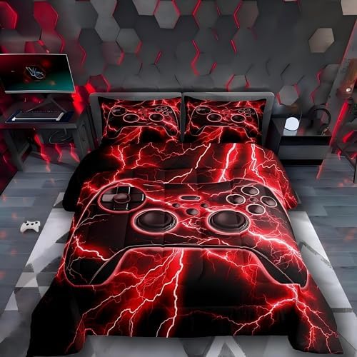 Erosebridal Gaming Comforter Set Gamer Twin Bedding Sets for Girls, Retro Game Console Comforter Red Lightning Quilt,Kids Bedroom Decor by Erosebridal
