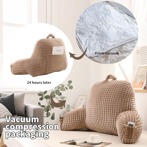 Reading Pillow with Arms for Bed Sitting,Khaki Flannel | Large Supportive Backrest with Arms Helps Ease Neck,Shoulder & Arm Strain While Gaming Reading or Watching TV - Image 4