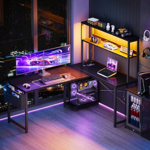 ODK 53" L Shaped Gaming Desk with Shelves, LED & Outlets, Black - Image 2