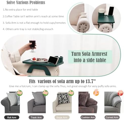 Nnewvante Couch Cup Holder, 3 in 1 Bamboo Sofa Arm Clip-on Tray, Dark Green - Image 4