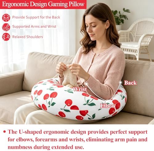 Ergonomic U-Shaped Gaming & Lap Pillow for Crocheting - Cute Little Cherry Crochet Pillow with Elbow & Arm Support, Lap Desk Pillows for Reading, Playing or Crocheting, Suitable for Adults - Image 4