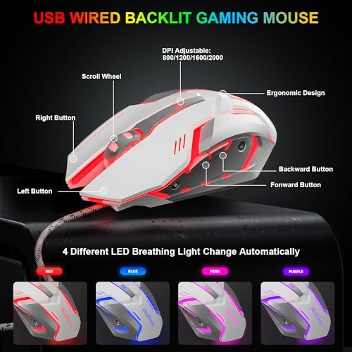 BlueFinger RGB Gaming Keyboard and Backlit Mouse Combo, USB Wired, LED Gaming Set for Laptop PC Computer Game and Work(White) - Image 6