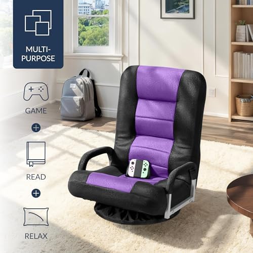 Best Choice Products Swivel Gaming Chair 360 Degree Multipurpose Floor Chair Rocker for TV, Reading, Playing Video Games w/Lumbar Support, Armrest Handles, Adjustable Foldable Backrest - Black/Purple - Image 4