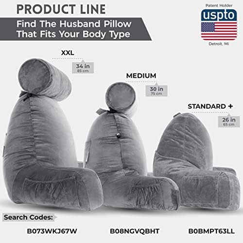 Husband Pillow Medium Reading Pillow with Arms - 23" Backrest for Sitting Up in Bed - Firm Support Bed Rest Pillow for Adults, Neck Roll, Removable Cover - TV, Reading, Lounging - Dark Grey - Image 3
