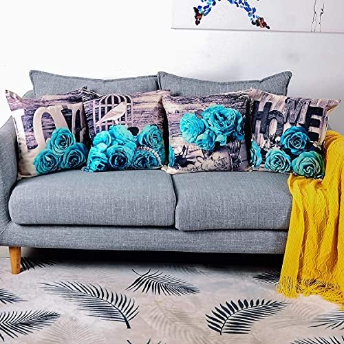 Turquoise Throw Pillow Covers 20x20 Set of 4, Teal Grey Aqua Blue Flower Pillow Cover Rose Pillowcase for Couch Sofa Floral Cotton Linen Accent Square Cushion Cases Bedroom Living Room Outdoor Decor - Image 4