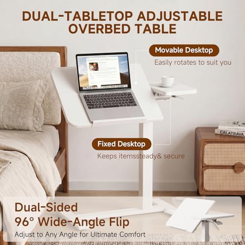 GTPLAYER Pneumatic Adjustable Standing Desk, 28 Inch Tiltable Mobile Rolling Laptop Table with Wheels, Overbed Bedside Table Computer Workstation for Home Office, White - Image 4