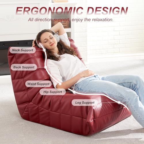 Hobestluk Bean Bag Chair Leather Togo Chair Memory Foam Living Room Adult | Ergonomic Design,Floor Chair,Waterproof Sofa,Easy Clean,Anti-slip ,No Assembly Required,Bedroom Dorm Office Reading Winered - Image 3