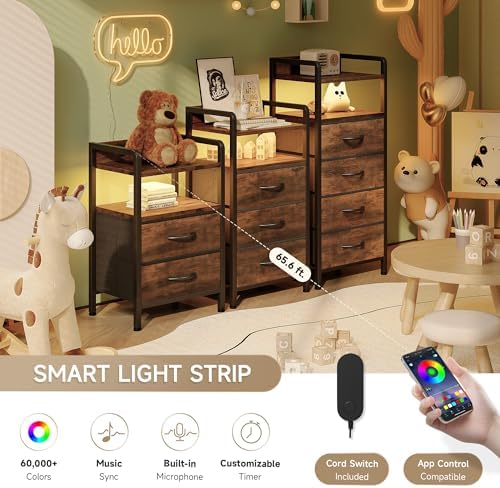Lazzanto Nightstand with Rear Charging Station, LED Light, 4 Drawers, Brown - Image 4