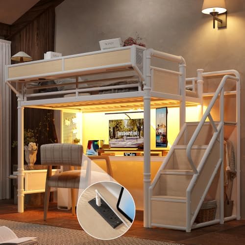 KEIKI Twin XL Size Metal Loft Bed Frame with Storage Staircase, Desk, White - Image 3