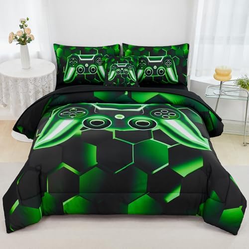 URBONUR Black Green Gaming Twin Comforter Set for Boys 6Pcs Bed in A Bag by URBONUR