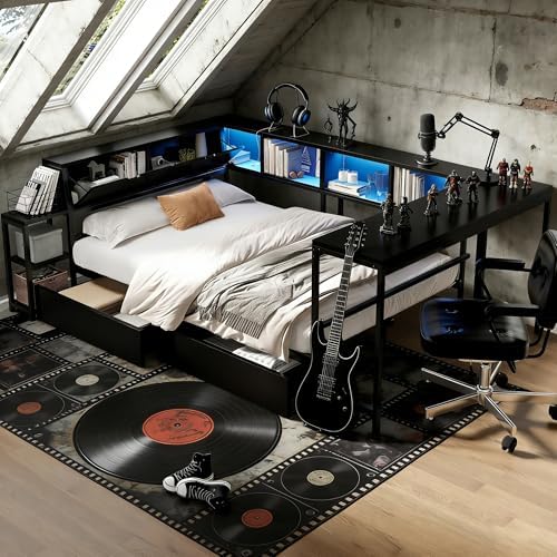 Bellemave Queen Size Corner Bed Frame with Storage Drawers, Bookcase and Side Desk, Queen Corner Bed with Light and Charging Station, Daybed for Bedroom, Living Room, Guest Room Black by Bellemave