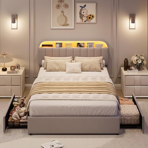 GarveeHome Queen Bed Frame, Platform Bed with Storage Headboard & Drawers - Image 4