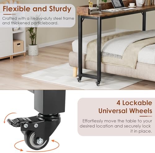 Arlopu Overbed Table with 360° Wheels, Queen Size Mobile Bed Desk, Brown - Image 4