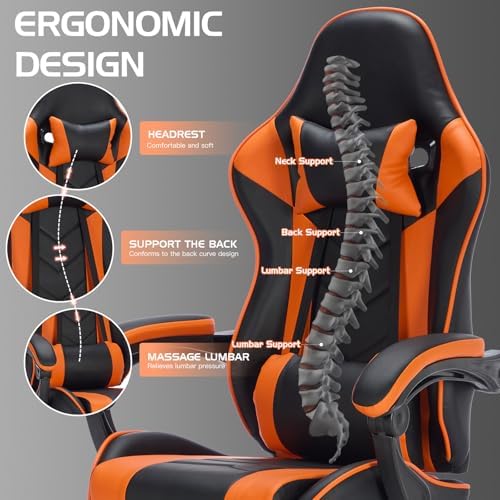 Leather Ergonomic Gaming Chair with Footrest, Comfy Orange Gaming Chair with Comfortable Headrest & Lumbar Support for Adults Women Men Boys Kids, 300 LBS Capacity (Black+Orange) - Image 4