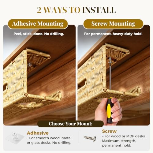 Handmade Rattan Under Desk Cable Management Tray 2 Pack, Natural - Image 5