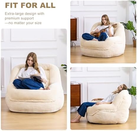 Giant Bean Bag Chair for Adults, Oversized Floor Lounge Chair with Armrests | White, soft corduroy and resilient foam for living rooms, bedrooms, reading nooks, gaming rooms, movie nights, and pets - Image 6