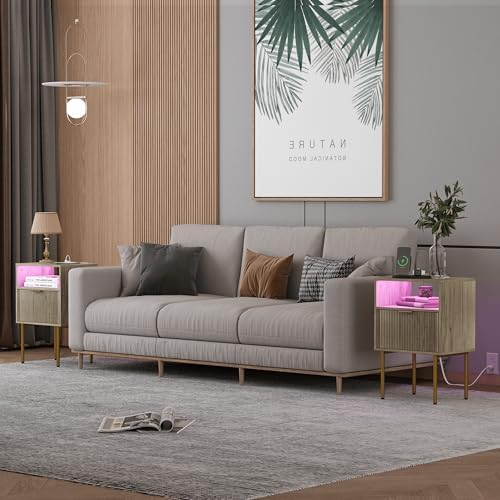JOONEE Modern Nightstand with Charging Station and LED Lights, White Bedside Table with Drawer, Fluted Side Table for Living Room, Bedroom - Image 3