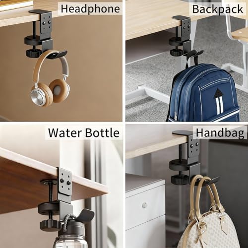 Heavy Duty Desk Hook Clamp(1 PCS), 360° Rotating Backpack Hanger with Height Adjustment, No Drill Headphone Holder, Purse Hook for Table, Bag Hanger, Gifts for Gamers, Office Desk Gaming Accessories - Image 2