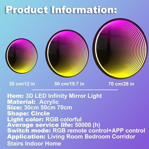 3D Infinity Mirror Light, 28in/70cm Circle RGB Tunnel Light, 358 LEDs - Image 3