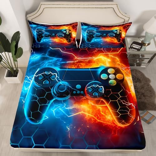 Feelyou Kids Boys Blue Red Gamer Bed Sheets Set Queen Size, Honeycomb Gaming Sheets with Deep Pocket Fitted for Lightning Gamepad Sheet Set Game Room Decor Bedding Set Soft Bed Set 4Pcs - Image 2