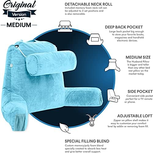 Husband Pillow Medium Reading Pillow with Arms - 23" Backrest for Sitting Up in Bed - Firm Support Bed Rest Pillow for Adults, Neck Roll, Removable Cover - TV, Reading, Lounging - Carolina Blue - Image 5