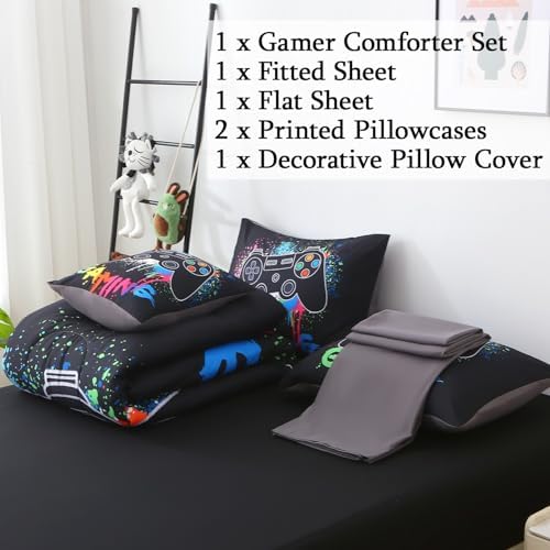 JQinHome Full Gamer Comforter Sets for Boys,6 Piece Bed in A Bag 3D Video Gamer Bedding -All Season Microfiber Gaming Bedding Set for Kids, with Sheet Sets (Black Gaming) - Image 5