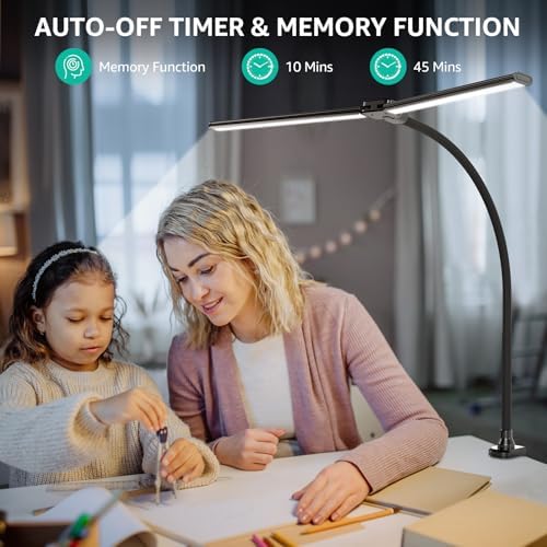 ShineTech LED Desk Lamp for Home Office, 4000K Neutral White Double Head Architect Task Lamps with Clamp, Dimmable Adjustable Flexible,Black - Image 2