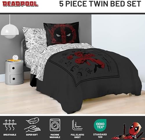 Marvel Deadpool Twin Comforter Set 5 Piece Soft Bedding for Boys, Gray - Image 4