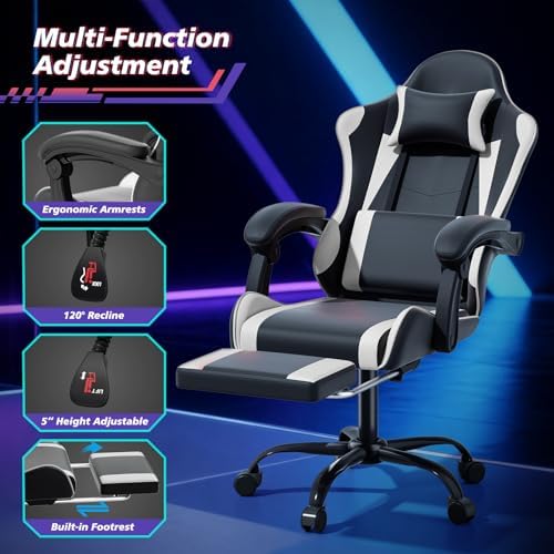 Magshion Video Gaming Computer Chair with Footrest, White | Ergonomic, Lumbar Support, Adjustable Height, Racing Style, High Back Recliner, Comfy Leather, Swivel Seat, for Home Office - Image 6