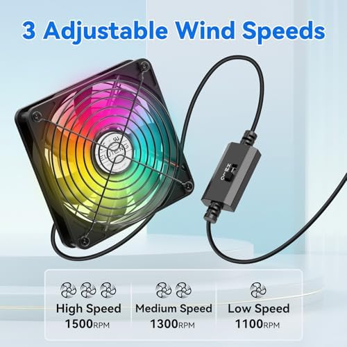 ELUTENG USB Computer Cooling Fan with 7 Color RGB Lighting, 3 Speed Controller 1100/1300/1500 RPM Small Exhaust Fan High Airflow Cooling Fan for Router Modem Receiver DVR PlayStation Xbox TV Box - Image 4