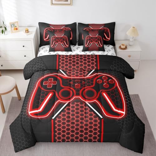 Feelyou Red and Black Bedding Set Twin Size Gamer Comforter Set with Sheets - Image 3