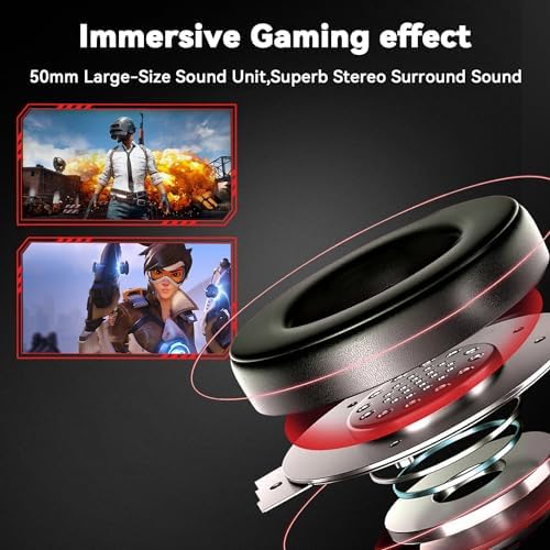 Jimonyer Gaming Headset with Microphone, 7.1 Surround Sound and Noise Canceling Over Ear Headphones for PC, PS4, PS5,Xbox Series,Switch, RGB Light and Soft Imitation Protein Earmuffs (Red) - Image 2