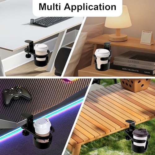 Upgraded Deeper Desk Cup Holder with 360° Rotation, Clamp Mount Design, Metal Office & PC Gaming Desk Accessories,Hidden Adjustable Drink Holder for Arm Chair,Coffee Cup - Image 6