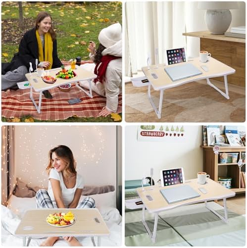 Laptop Bed Table, Laptop Desk for Bed, Foldable Laptop Bed Desk with USB Charge Port, Handle, Desktop Card Slot, Cup Slot, Side Drawer, Laptop Table Portable Notebook Stand for Eating Reading Working - Image 6
