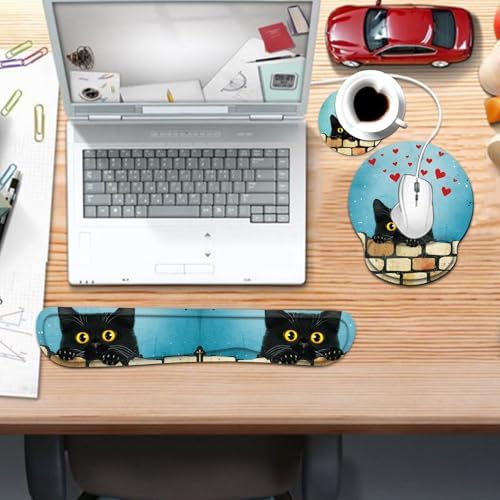 Keyboard Wrist Rest and Mouse Pad Wrist Support Set with Coaster,Comfortable for Easy Typing,Pain Relief,Memory Foam Keyboard Pad Set for Laptop Mac,Cute Black Cat - Image 7