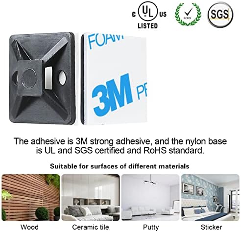 XHF 3/4" Strong Back-Glue Self Adhesive Black Cable Zip Tie Mounts 100pcs with 8" Zip Ties, Screws, UV Protection Outdoor Sticky Wire Fasteners Cable Clips Management Anchors Organizer Holders Squares - Image 2