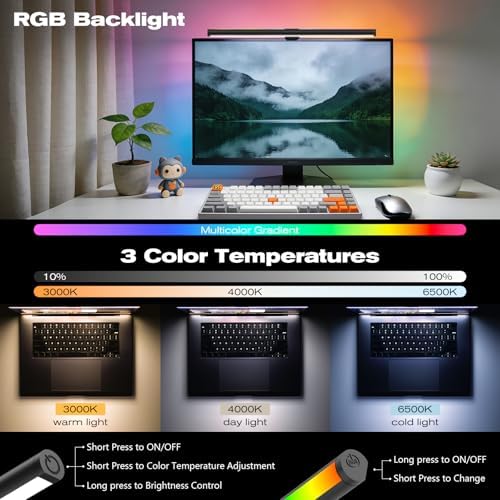 RGB Monitor Light Bar, Eye-Care Dual Light Reading Screen Lamp, 9 Modes Gaming Backlight LED Computer Lamp, 3 Colors Dimmable Frontlight, 15.75'' USB Desk Lights for Home, Office - Image 5