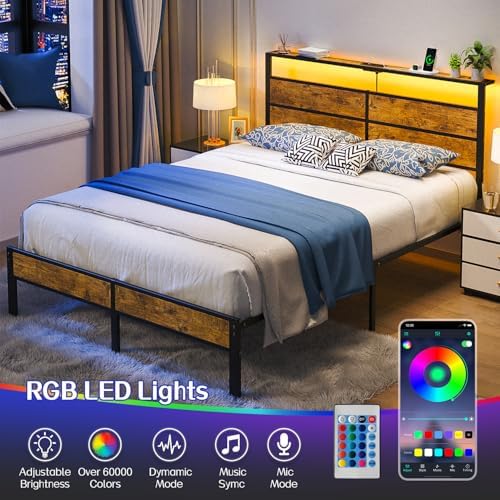 Liians Full Size Bed Frame, Full Bed with Charging Station Headboard and LED Lights, Platform Bed with Metal Slats, No Box Spring Needed, Noise Free, Easy Assembly - Image 3