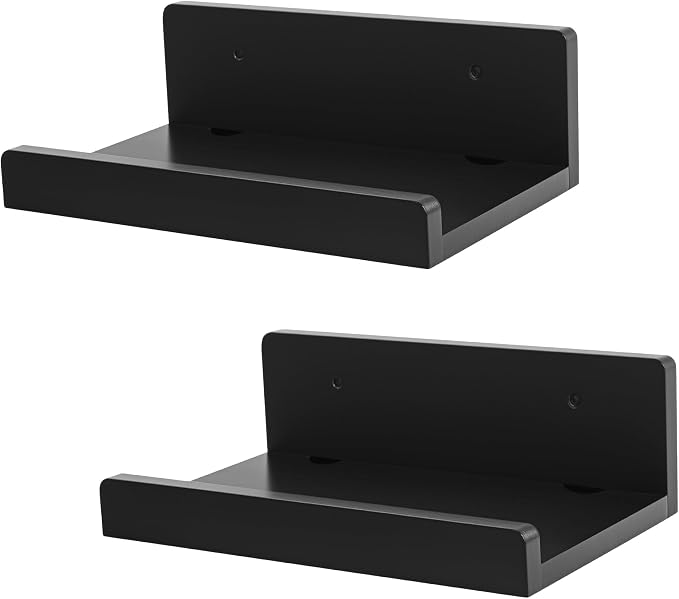 Floating Wall Shelves Set of 2, 12-Inch Solid Wood Shelves with Cable Holes, Small Display Shelf for Router, Webcam, Smart Speaker, Camera – Black - Image 8